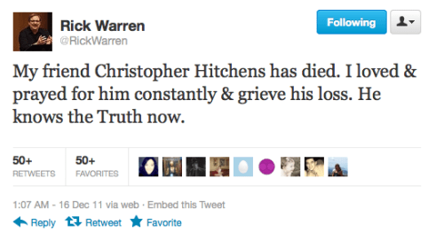 rick warren tweet about christopher hitchens