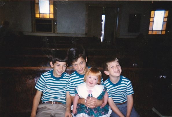 The three oldest Gerencser children with their Down Syndrome sister, 1990 