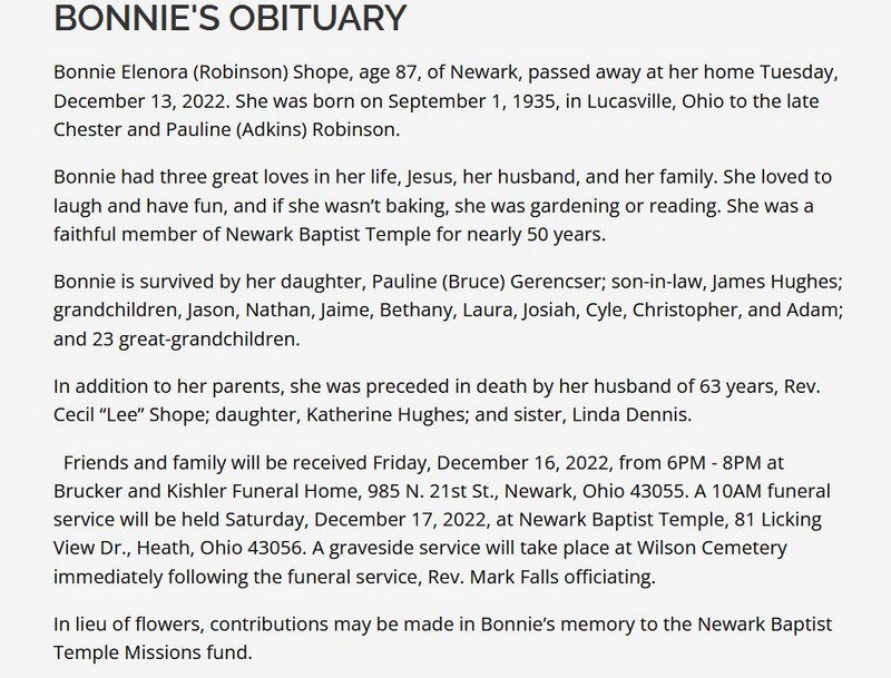 bonnie shope obituary