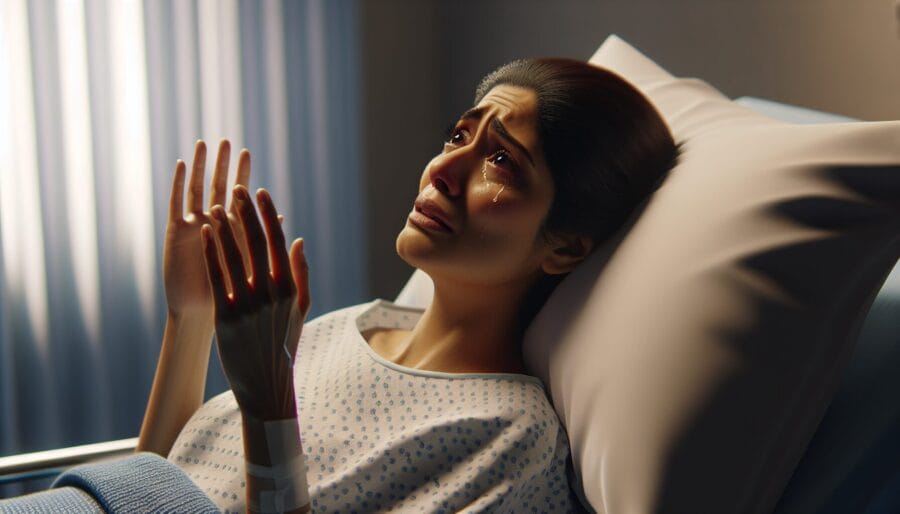 woman-lying-on-hospital-crying-praying-to-jesus-with-raised